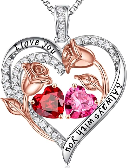 Iefil Valentines Day Gifts for Her - 925 Sterling Silver Rose Heart Birthstone Necklace Birthday Anniversary Jewelry Gifts for Her Wife Mom Daughter