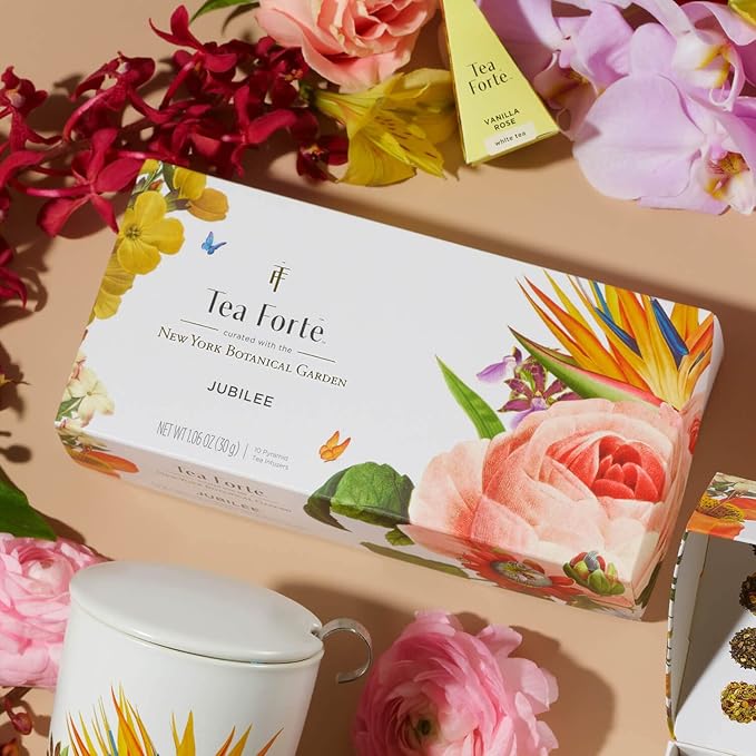 Tea Forte Premium Petite Presentation Box Gift Set Sampler, 10 Count, 2 of Each Blend Individually Wrapped Handcrafted Pyramid Infuser Bags, Jubilee Tea