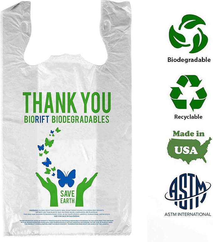 Biodegradable Thank You Bags | 500 Count - Bulk | Extra Thick, Strong, Recyclable, & Reusable | 100% Biodegradable Shopping Bags, Grocery/Restaurant/Supermarket | 12" x 6.5" x 22" | Made in USA