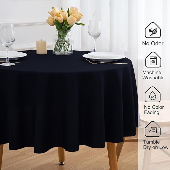 6 Pack Black 60 Inch Round Tablecloths for 6 Foot Rectangle Tables. Stain and Winkle Resistant Polyester Washable Table Cloths for Parties Wedding Dining