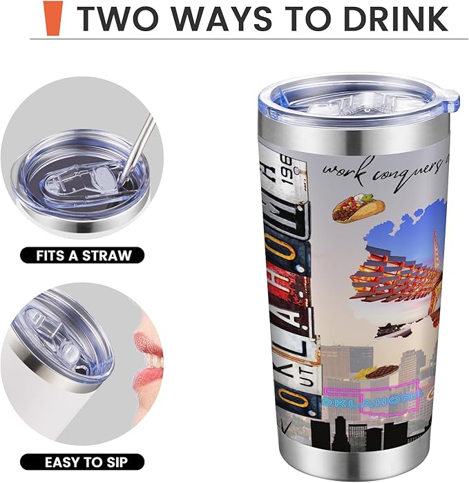 20oz Insulated Tumbler Oklahoma State Coffee Mug, United States Map Travel Mug Landmark, Birthday Gifts Cute Custom Tumbler Cups with Lid and Straw Gifts for Mom