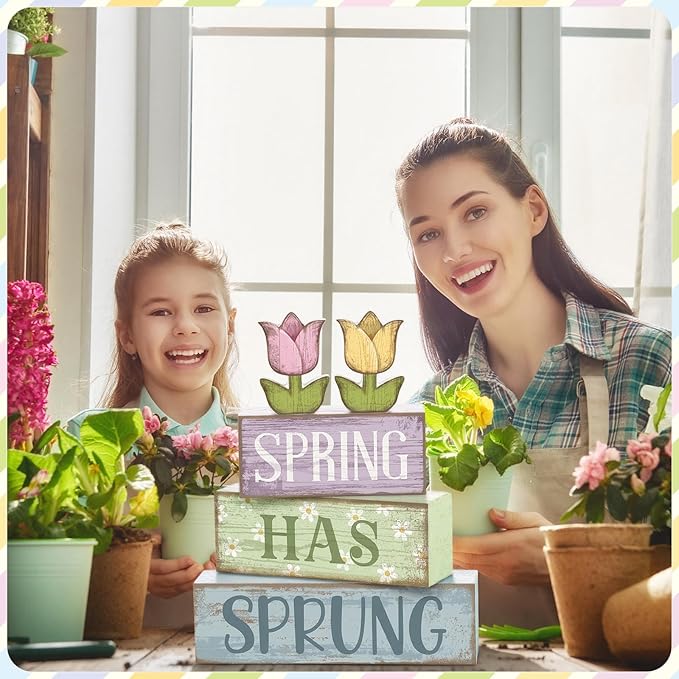 4 Pcs Spring Table Decor Wood Floral Decoration Tulip Centerpiece Spring Tiered Tray Decor Decorative Colorful Flower Block Signs Gift Farmhouse Decoration for Home Kitchen