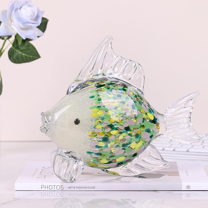 Green Blown Glass Fish Figurine – Handcrafted Art Animal Sculpture, Ocean Coastal Home Decor, Elegant Glass Fish Ornament for Tabletop or Bookshelf Display (D)