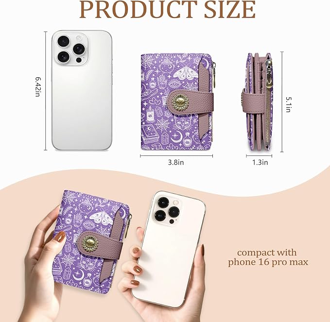 Goth Gothic Small Wallet Women RFID Blocking Bifold, Credit Card Holder, Zipper Coin Pocket, Witchy Magic, PU Leather, Compact, Travel, 4 ID Window, 14 Card Slots, Cash Purse, Ladies Woman