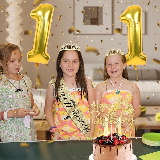 11th Birthday Decorations for Girls Gold with 11th Birthday Sash and Tiara, Candles and Cake Topper, Number Balloons, 11 Year Old Gifts for Girls