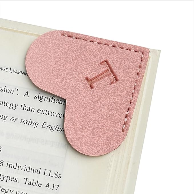 MOTEERLLU Personalized Leather Heart Bookmark with Initial, Cute Letters Custom Corner Book Mark for Reading Women, Teacher, Student, Book Lovers Gifts & Accessories(Pink, T)