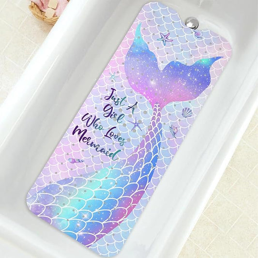 Bathtub Mat Non Slip, Mermaid Extra Long Bath tub Mat Shower Floor Mat with Suction Cups and Drain Holes for Adults Kids Elderly 40 X 16 Inch