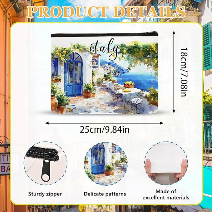 Italy Makeup Bag Gifts for Women, Italy Souvenirs, Travel Essentials Cosmetic Pouch Waterproof Linen Toiletry Organizer, Italian Themed Gifts for Travelers Wife Mom Friends Teacher Coworker