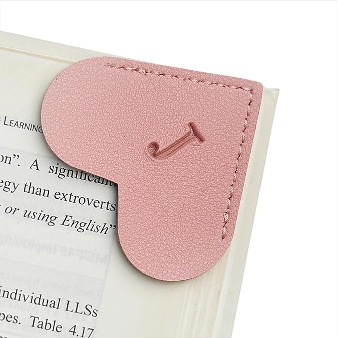 MOTEERLLU Personalized Leather Heart Bookmark with Initial, Cute Letters Custom Corner Book Mark for Reading Women, Teacher, Student, Book Lovers Gifts & Accessories(Pink, J)