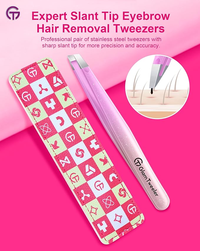 Expert Slant Tip Tweezers with Leather Travel Case, GlamTweeler Sharp & Precision Stainless Steel Tweezer for Eyebrows, Facial Hair and Fine Hairs Removal (Sparkle Violet & Peach)