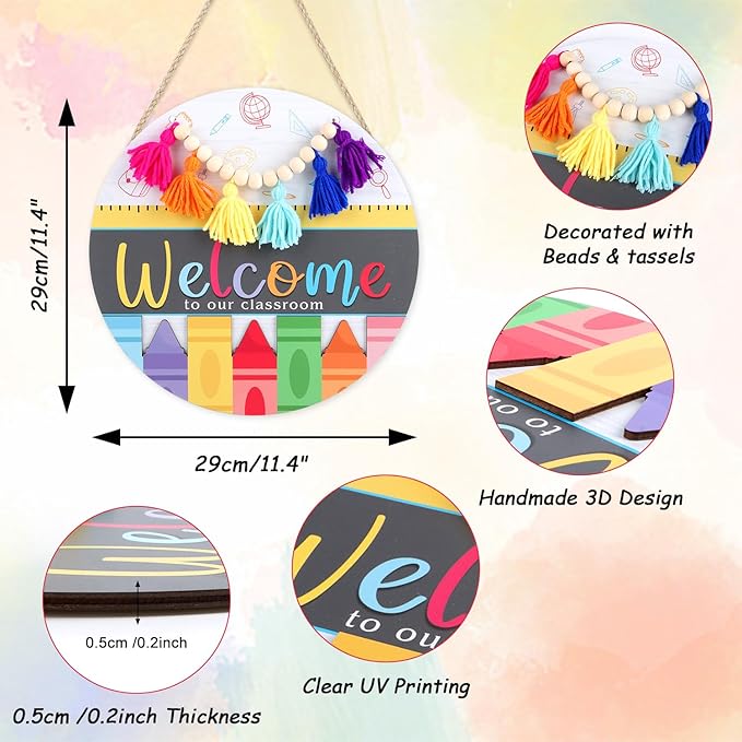 CHDITB Classroom Welcome Wooden Sign, Welcome to Our Classroom Front Door Sign Wood Hanging Plaque, Crayon Round Wood Wreaths, Back to School Wall Decor for Teacher Supplies Nursery Decor