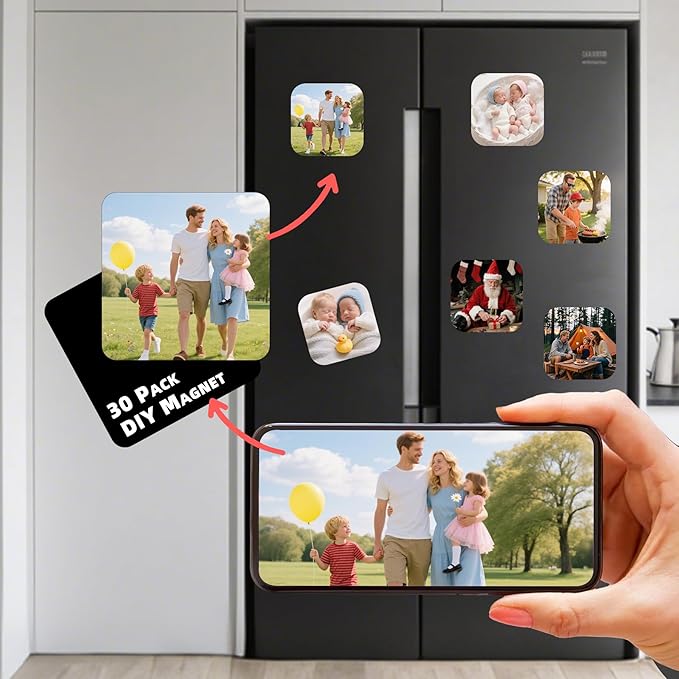 30 Pcs DIY Fridge Magnet Craft Set Acrylic Square Decorative Refrigerator Magnet with Adhesive Backing Ferrite Magnets for Office,Classroom,Cabinets,Kitchen(2 Inch,108 Piece)