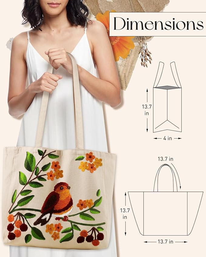 Miss Adola Aesthetic Embroidery Tote Bag for Women - Reusable Canvas Cute Shoulder Bag for Shopping, Grocery, Work, Book
