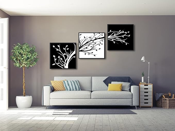 Wieco Art Black Framed Leaves Modern 3 Panels Flowers Artwork Black and White Abstract Floral Trees Canvas Prints Wall Art for Living Room Home Decorations