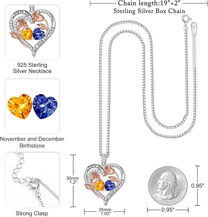 Iefil Valentines Day Gifts for Her - 925 Sterling Silver Rose Heart Birthstone Necklace Birthday Anniversary Jewelry Gifts for Her Wife Mom Daughter