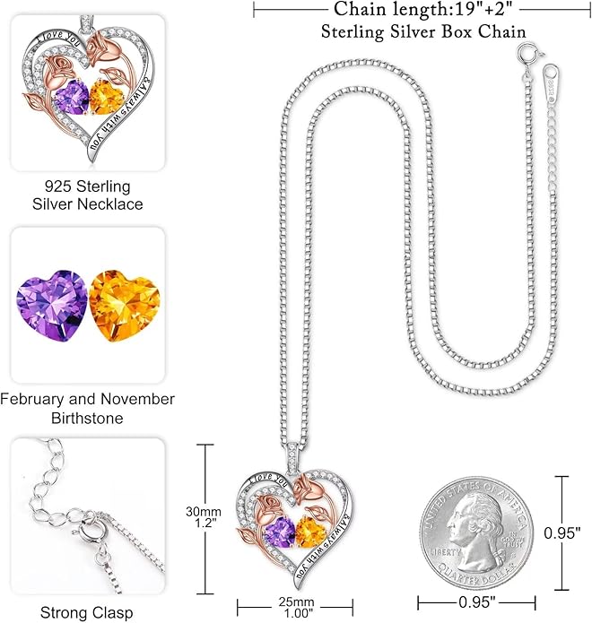 Iefil Valentines Day Gifts for Her - 925 Sterling Silver Rose Heart Birthstone Necklace Birthday Anniversary Jewelry Gifts for Her Wife Mom Daughter