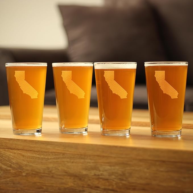 Bevvee California State Outline Pint Glass for Beer - State Themed Drinking Decor and Gifts for Californian Women & Men - Set of 4-16 Oz Glasses