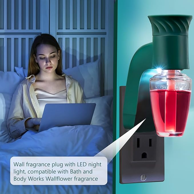 2 Pcs Wall Fragrance Plug with Night Light Compatible with Bath and Body Works WallFlower Refills (No Fragrance Included), ETL Certified, Rotatable Scent Control Plug for Home/Office (Green)