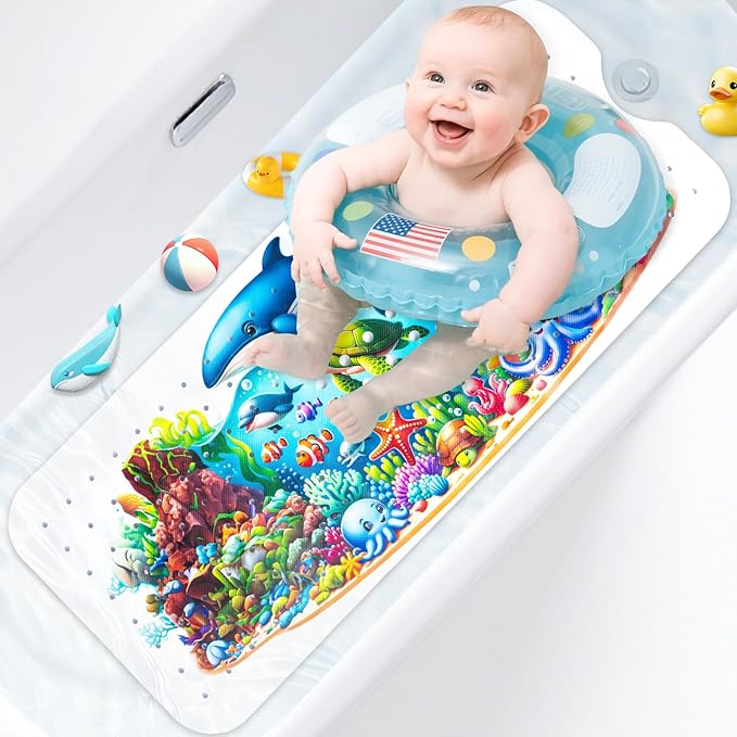 Kids Bath Mat with Ocean Theme Design, 40x16 inches, Non-Slip with 200 Suction Cups, Cartoon Sea Animals Pattern (Turtle+Whale, 40 * 16in)