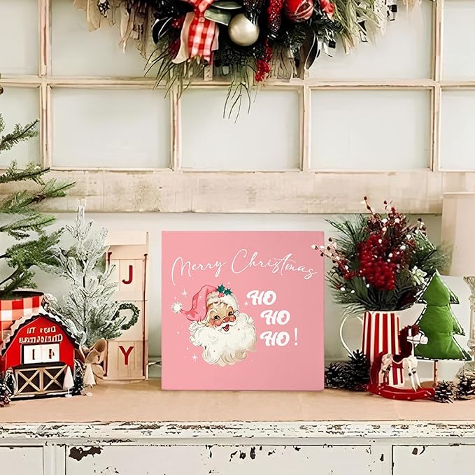 Mtrgdn Pink Santa Claus Decor Sign,Pink Merry Christmas Indoor Wood Box Signs Decorations,Rustic Santa Decor for Home Bathroom Bedroom Kitchen Office Desk Table Shelf Wall,Christmas Gifts for Women,5x5 Inch