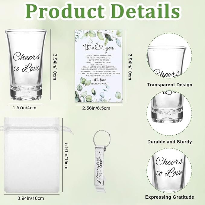 25 Set Wedding Favors for Guests Bulk,Acrylic Cheers to Love Wedding Shot Glasses with Bottle Opener Thank You Cards and Organza Bags,Souvenirs for Guests