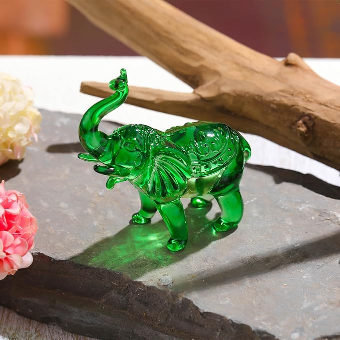 Crystal Elephant Figurine Home Decor, Glass Statue Gifts for Women Men, Collectible Animals Tabletop Decoration Sculpture With Trunk Up Ornaments (Green)