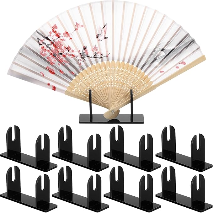 Roowest 8 Pcs Acrylic Fan Display Stand Folding Japanese Chinese Hand Fan Stand Easel Foldable Handheld Display Base Organizer (Black)