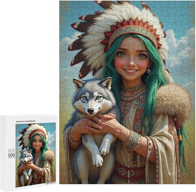 Puzzles for Adults 500 Pieces Wooden Jigsaw Puzzle - Indian Beauty & Wolf，Native American Theme Puzzle，Party Games，Family Toys，Educational Puzzles，Stress Relief Wooden Puzzle，Home Decoration
