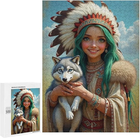 Puzzles for Adults 500 Pieces Wooden Jigsaw Puzzle - Indian Beauty & Wolf，Native American Theme Puzzle，Party Games，Family Toys，Educational Puzzles，Stress Relief Wooden Puzzle，Home Decoration