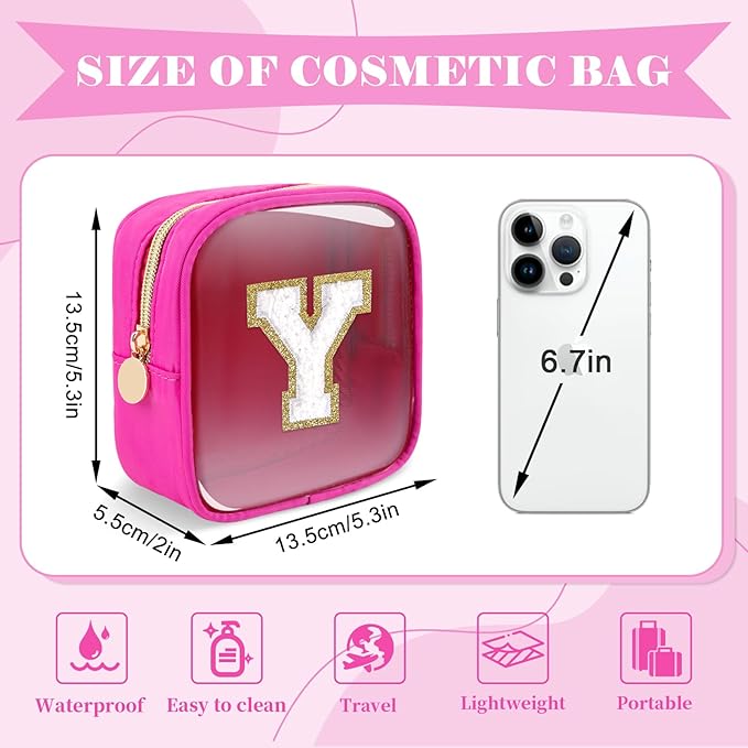 Personalized Initial Letter Clear Preppy Makeup Bag,Mini Nylon Chenille Letter Cosmetic Bag Cute Zipper Pouch Coin Purse for Teen Girls,Portable TSA Approved Travel Essentials Bag Gift for Women,Y