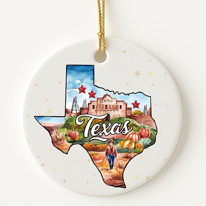 USA State Landmark Ceramic Ornament – Round Glossy Christmas Decoration Featuring U.S. State Art, Landmarks & Holiday Scenery – Collectible Travel Souvenir Ornament Series (Texas)
