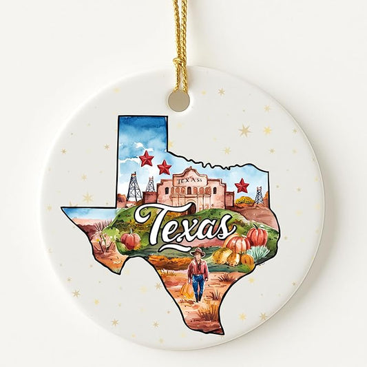 USA State Landmark Ceramic Ornament – Round Glossy Christmas Decoration Featuring U.S. State Art, Landmarks & Holiday Scenery – Collectible Travel Souvenir Ornament Series (Texas)