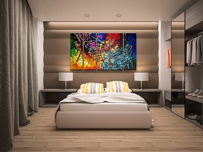 Wieco Art 5 Panels Abstract Heart Oil Paintings Reproduction on Canvas Wall Art Decor Ready to Hang for Home Office Decorations Extra Large Modern 100% Hand Made Contemporary Impressionist Artwork
