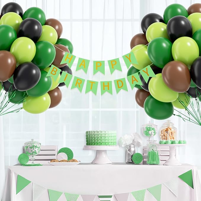 60pcs Green and Brown Balloons 12inch with Brown Black Dark Lime Green Balloons for Jungle Video Game Theme Baby Shower Birthday Party Decorations