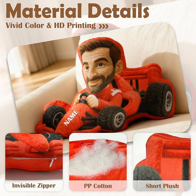 Amlion Custom Pillow - Personalized Cartoon Face Pillow with Picture Name,Customized Racing Car Pet Face Shaped Throw Pillows Funny White Elephant Gifts for Boyfriend Mom Dad