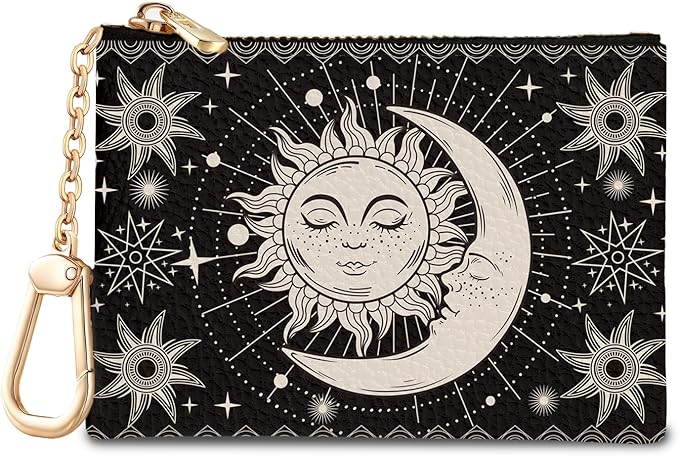 Sun Moon Keychain Coin Purse for Women, Small PU Leather Change Pouch, Zipper Little Tiny Travel Wallet for Girls, Cute Kawaii Zip Pocket Coin Holder with Key Ring