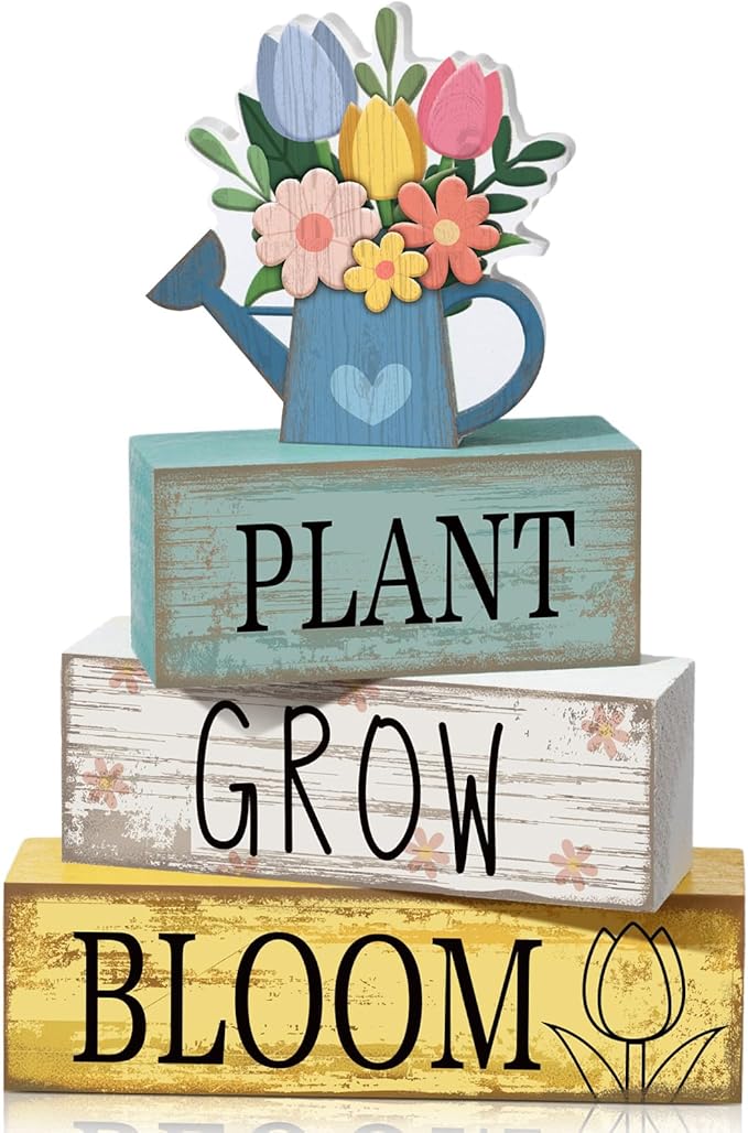4 Pcs Spring Table Decorations Flower Wooden Signs Spring Tiered Tray Decor Wooden Flower Kettle Block Signs Pastel Table Centerpieces Decor for Home Kitchen Shelf