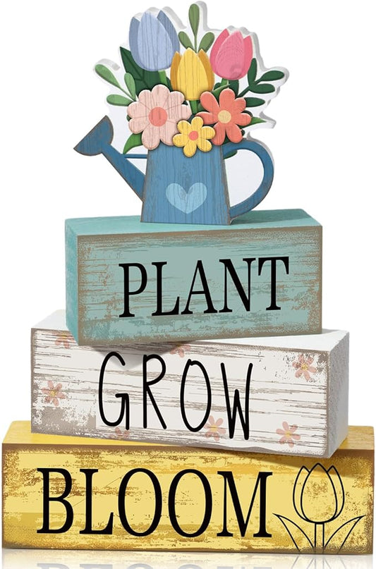 4 Pcs Spring Table Decorations Flower Wooden Signs Spring Tiered Tray Decor Wooden Flower Kettle Block Signs Pastel Table Centerpieces Decor for Home Kitchen Shelf