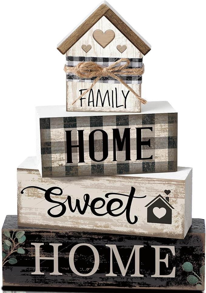 4 Pcs Farmhouse Wooden Tabletop Decor Sweet Home Tiered Tray Decor Rustic Retro Wood House Shaped Block Sign Housewarming Gifts Neutral Centerpiece Farmhouse Table Sign for Home Shelf Mantle