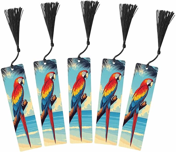 Parrot Bookmarks 5 Pcs with Tassels Bird Palm Summer Beach Wooden Bookmarks for Reading Women Students Teacher Reader