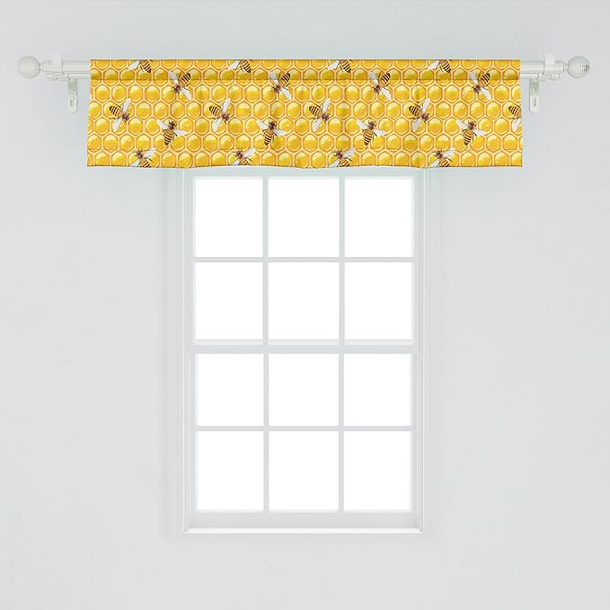 Ambesonne Bee Window Valance, Honeybees Working on Honeycomb Hard Worker Insects Illustration Print, Curtain Valance for Kitchen Bedroom Decor with Rod Pocket, 54" X 12", Orange Apricot