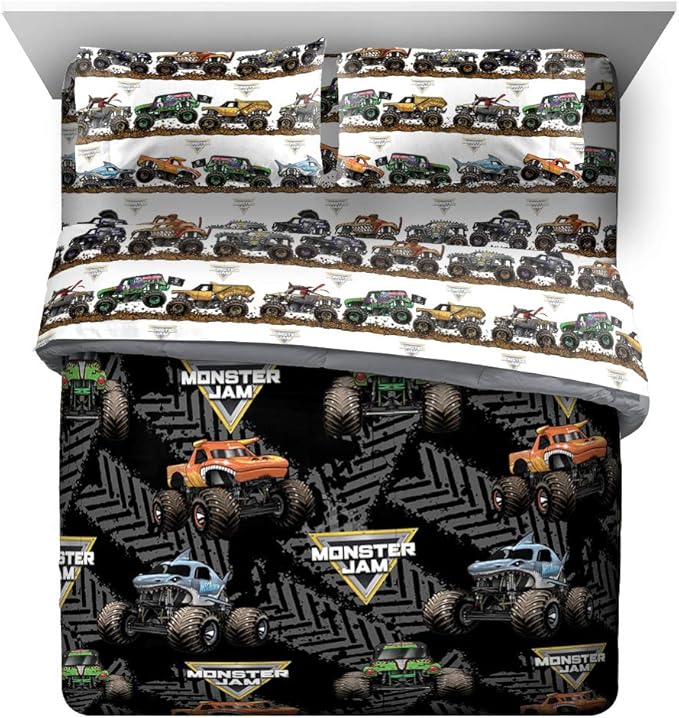 Jay Franco Monster Jam 5 Piece Queen Bed Set - Includes Comforter & Sheet Set - Grave Digger & Megalodon - Super Soft Fade Resistant Microfiber