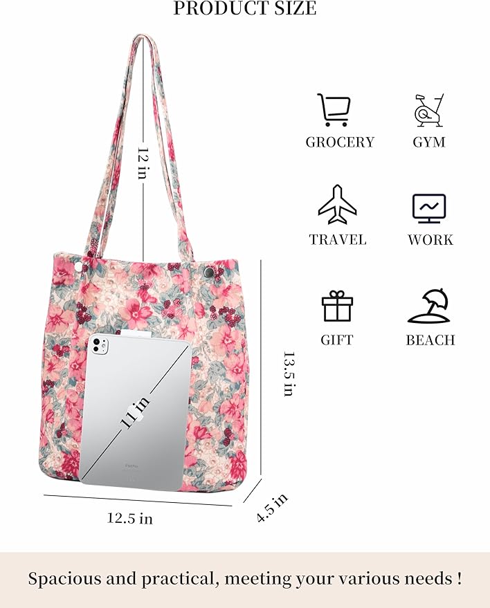 Corduroy Tote Bag Cute Tote Bags for Women Shoulder Bag with Inner Pocket for Work Beach Travel and Shopping Grocery