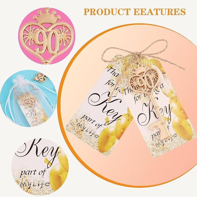 90 Birthday Party Favors Key Bottle Opener, 90th Beer Opener Keychain Favors for Guest with Organza Bags and Tags,Beer Keychain Bottle Openers for Birthday Party Decoration Supplies(gold-90)