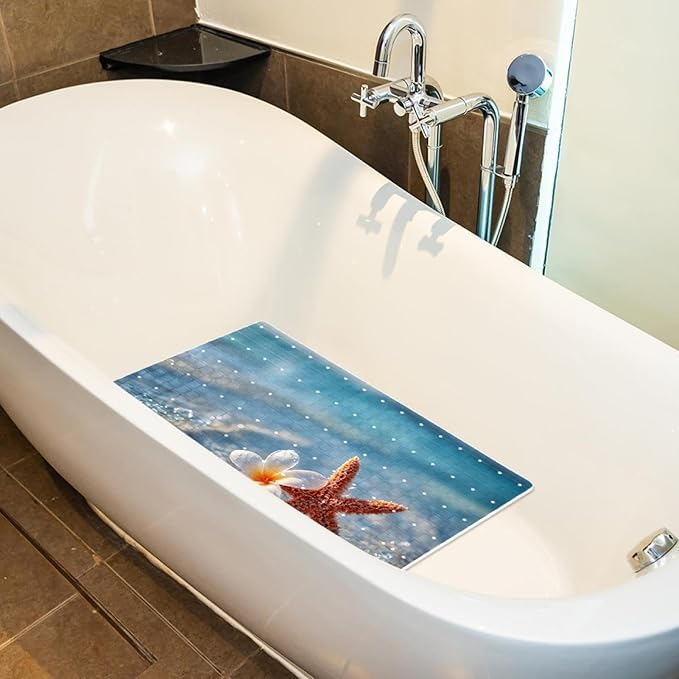 Non Slip Bath Mat for Tub, 15.1 x 26.8 Inch Bathtub Mat Machine Washable Shower Mat with Drain Holes and Suction Cups, Starfish and Flower on The Beach in Sea Water