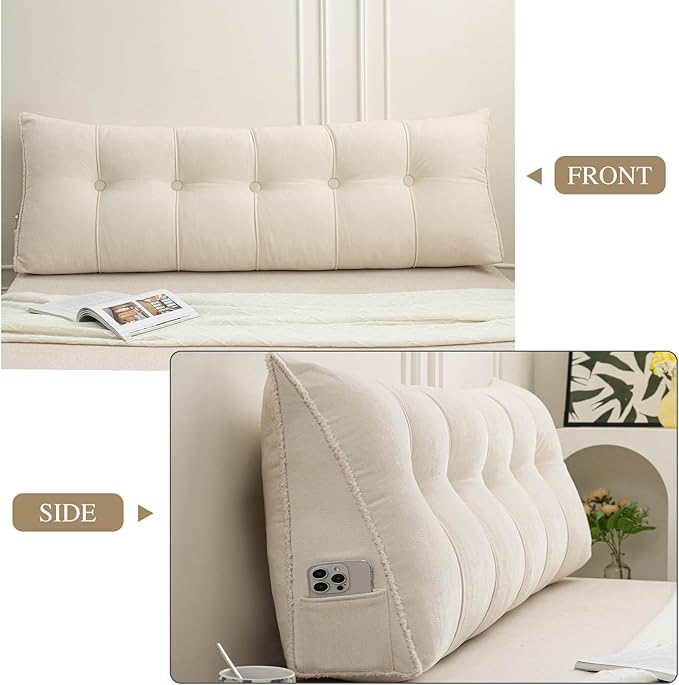 Headboard Pillow Queen, Chenille Triangular Wedge Pillow Headboard Queen Size, Reading Setting Backrest Daybed Pillows for Sofa Bed with Removable Cover, Beige