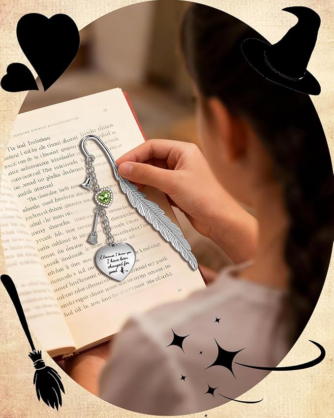 Buleens Bookmarks for Women Reading - Book Marks for Readers Book Lovers, Feather Fantasy Witch Green Personalized Metal Bookmark with Pendants, Pretty and Aesthetic Book Accessories Reading Gifts
