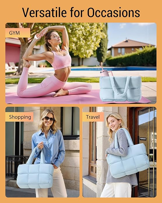 Herald Puffer Tote Bag for Women, Large Quilted Puffy Handbag Lightweight Satchel Purse with Cup Holder & Compartment