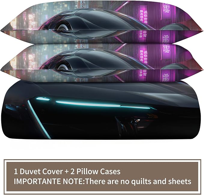 Supercar Duvet Cover California King Sports Car Bedding Set Sci-Fi Racing Car Comforter Set Neon Cityscape Duvet Cover with Zipper Ties for Bedroom