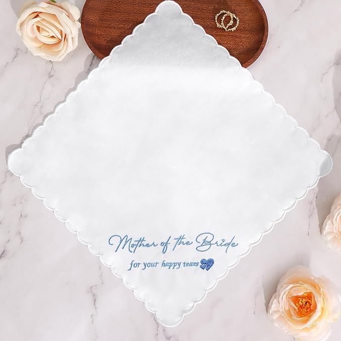 Wedding Handkerchief Something Blue for Bride, Mother Father of the Brides Groom Gifts, Embroidered Happy Tears Cotton Hanky